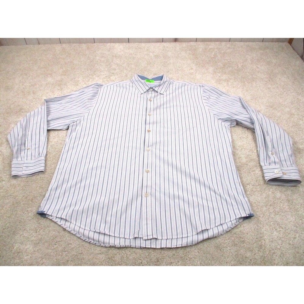 32 Bar Blues Shirt Men Extra Large XL White Blue Striped Cotton Casual Button Up